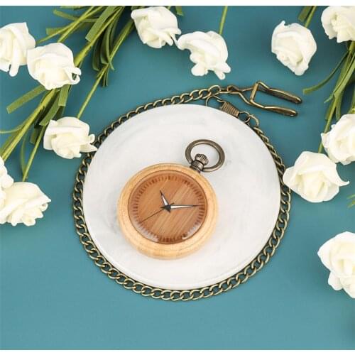 Natural Bamboo Pocket Watch Quartz Wooden Pendant Clock Minimalist Round Dial Bronze Fob Luminous Hands New Antique Timepiece