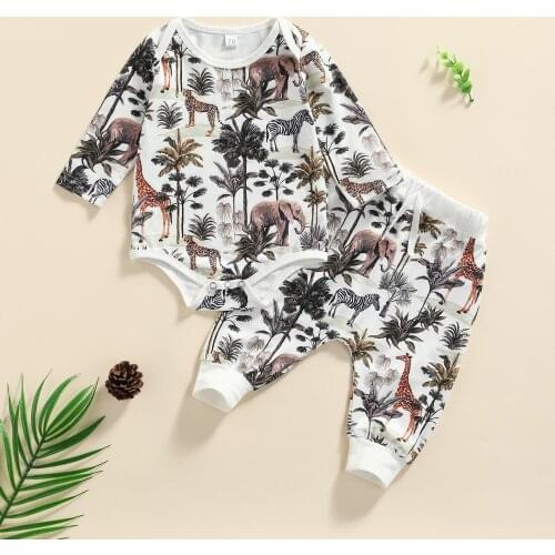 2pcs Baby Boys Clothes Sets Newborn Infant Fresh Forest Animals Printed Long Sleeve Romper Long Pants Suits for 0-18Months