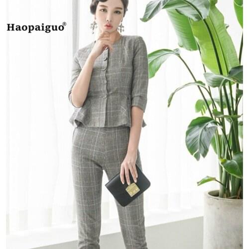 2 Piece Set 2018 Autumn Women Gray Three Quarter Sleeve O-neck Plaid Ruffles Vintage Work Top and Full Length Elegant Club Pants