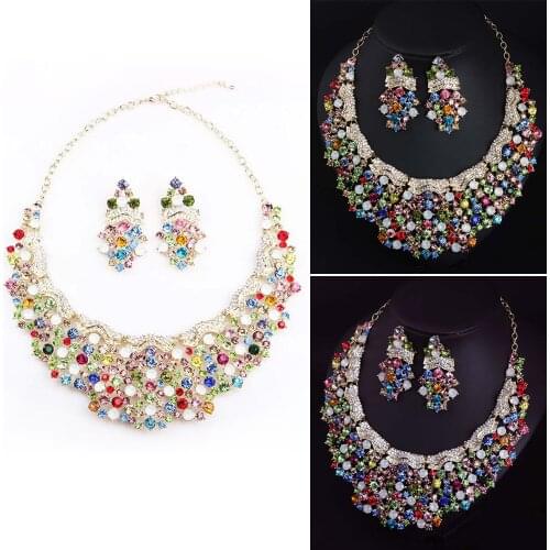 New Necklace Earrings Set Women Bridal Wedding Party Chain Bib Choker Crystal Gem Stone Pendant Necklaces Jewelry Sets Statement