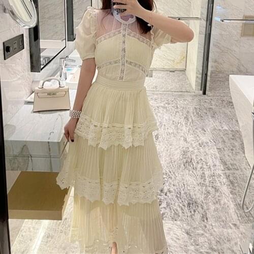 Embroidery Summer Print Lace Ruffle Cake Dresses Women Dress Solid Yellow 2021 Party Vintage Sexy Mesh Short Sleeve A-Line Boho