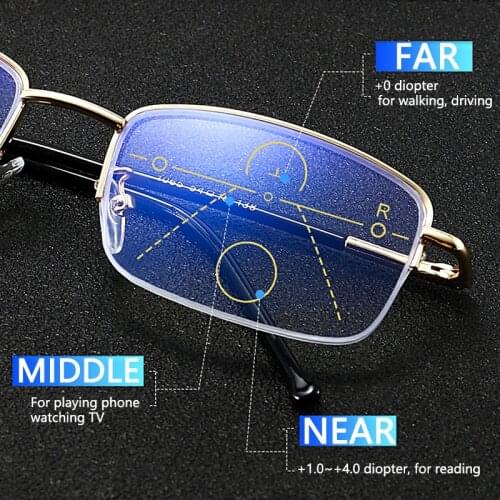 Metal Half-Rim Reading Glasses Progressive Multifocal Presbyopic Glasses for Men Women Anti Blue Light gold/black