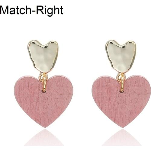 Match-Right Trendy Earrings for Women Statement Heart Dangle Earrings Korean Cute Wood Heart Pearl Drop Jewelry Female NR260
