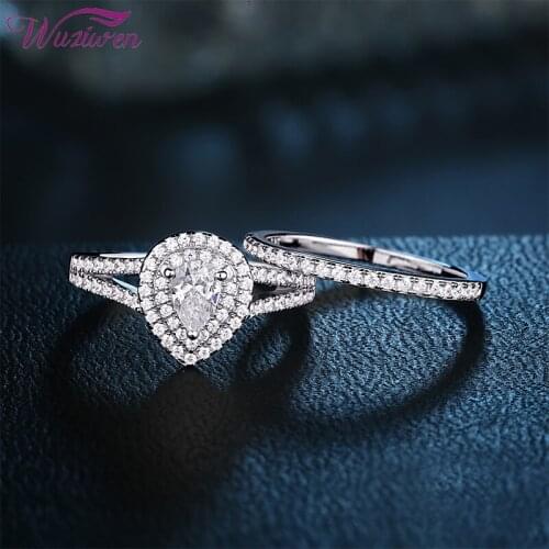 Wuziwen Solid 925 Sterling Silver Engagement Rings For Women 2Pcs Wedding Ring Set Classic Jewelry Halo Pear Shape AAAAA Zircon