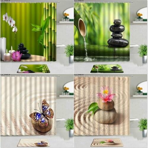 Spa Spring Zen Shower Curtains with Rug Set Bamboo Orchid Stone Bathroom Screens Waterproof Polyester Fabric for Bathtub Decor