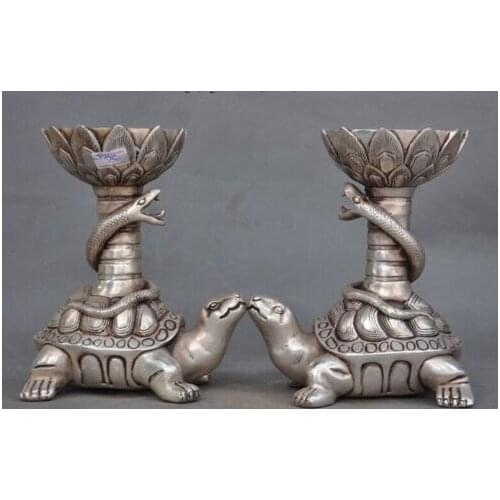 Old Chinese Silver Fengshui Turtle Snake Statue Candlestick Candle Holders Pair