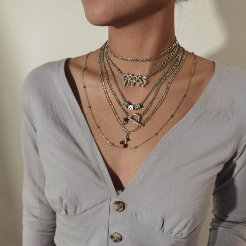 TIMEONLY Trendy Letter Dice Beads Multilayer Pendant Necklace Rhinestone Strawberry Cherry Choker Necklaces for Women Jewellery