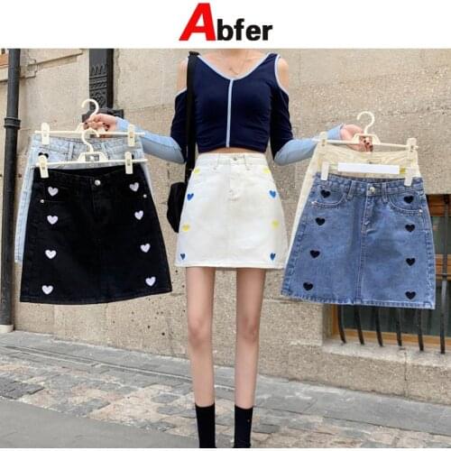 Abfer Summer Black Denim Skirt Korean Style Love Embroidery A Line Mini Skirt Womens Skinny Plus Size Gothic Skirts Y2k Kpop