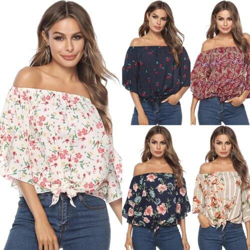 Off Shoulder Half Sleeve Summer Clothes Women Floral Cherry Print Ruffled Half Sleeve Off Shoulder Tied Hem Shirt Blouse