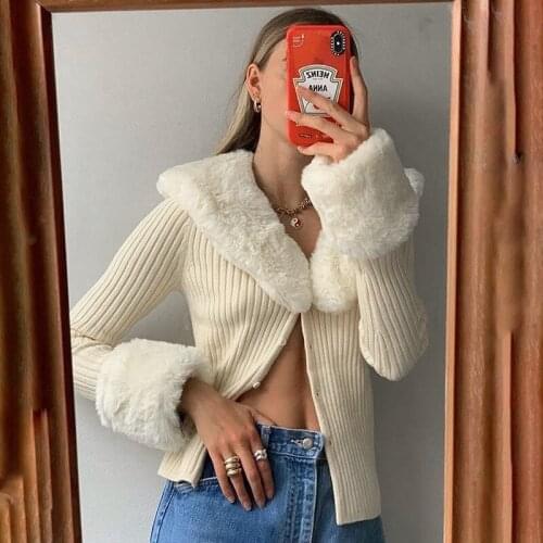 Sexy Wool Collar Knitted Sweater Coat Women 2021 Autumn Winter Fashion French Retro Slim Single breasted Cardigan Top Streetwear