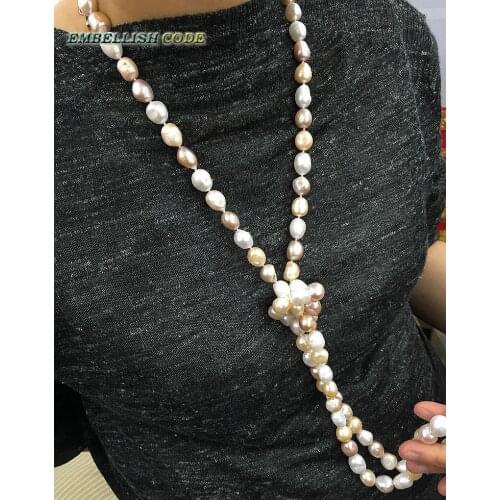 Rope knotted twisted style 120cm good sheen semi baroque irregular pearl long necklace Mixed color freshwater pearls for women