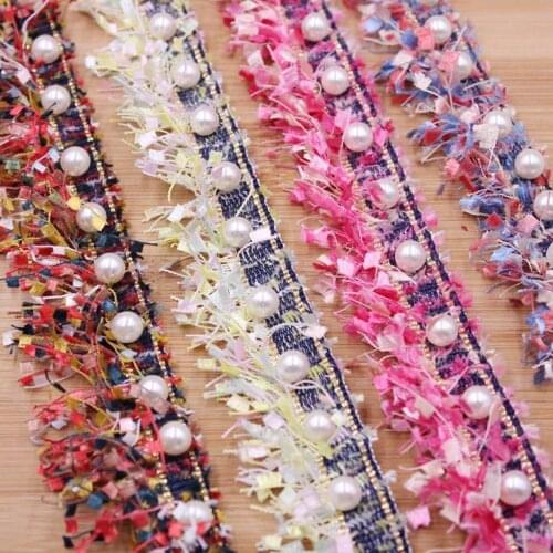 1 Yard 4.5cm Vintage Nylon Pearl Beaded Embroidered Tassels Trim Handmade Ribbon For Scrapbooking DIY Costume Dress Sewing Craft