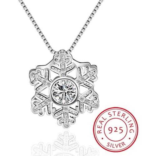 100% Real Pure New 925 Sterling Silver Zirconia Snowflake Necklaces Pendants for Women Wedding Jewelry Kolye Collares