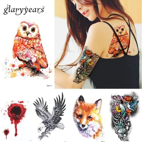 Glaryyears 16 Designs 1 Sheet Watercolor Animal Body Temporary Tattoo Sticker Pink Tiger Owl Image Decal Water Transfer Body Art