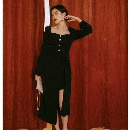 2021 Vintage Women Sping Summer Full Sleeve Solid Elegant Square Collar Female Clothes Slim Hight Waist Splid Dresses Vestidos