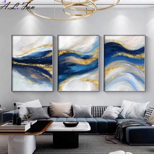 Abstract canvas painting of blue gold graphic contemporary art poster and print wall picture modern home living room decor