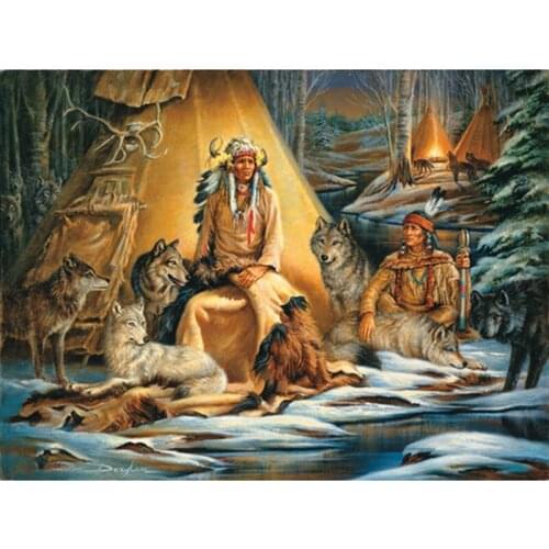 Diy Diamond Painting Cross Stitch Forest Landscape Mosaic Indians with Wolf Group Full Square Round Drill Embroidery Home Decor