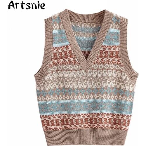 Artsnie Vintage Geometric Sweater Vest Women Autumn 2021 V Neck Sleeveless Pull Femme Streetwear Slim Brown Ladies Sweater Vest