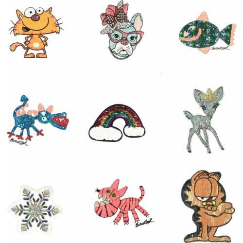 Large sequined embroidery big fish dinosaur deer dogs cats rabbit tiger rainbow animal cartoon patches for clothing EQ-35