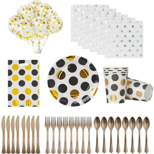 Black Golden Wave Point Disposable Tableware Party Set Simple Retro Design Paper Plates Cups Napkins Party Supply Decorations