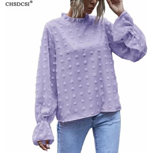 CHSDCSI New Elegant Lace Round Neck Blouse Chiffon Shirt Sexy Hollow Out Solid Feminine Blouses Women Long Sleeve Tops Polka Dot