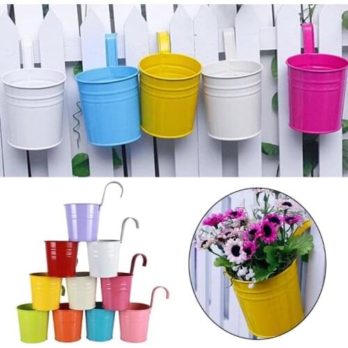 Colorful Metal Iron Flower Wall Hanging Flower Plants Pot Hook Bucket Tin Garden Planter Pots Balcony Hanging Succulent Basket