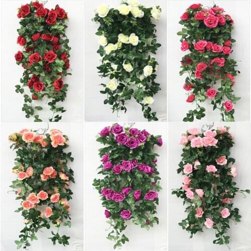 Home Decor 2PCS Artificial Rose Fake Flowers Hanging Plant Wall Home Balcony Basket Decor Garden Decoration Outdoor Flowers