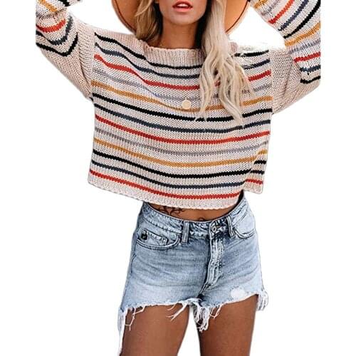European and American fashion autumn new products colorful striped sweater womens one-way neck strapless sweater