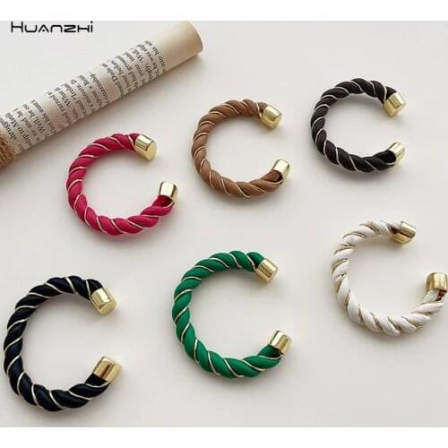 HUANZHI French Retro bv Style Leather Twist Braided Colorful Metal Stitching C-shaped Semicircle Bracelet Accessories for Women