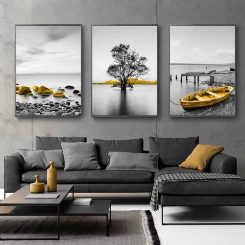 Fishing Boat Seascape Yellow Seaside Scenery Canvas Painting Posters and Prints Wall Art Pictures for Living Room Decor Cuadros