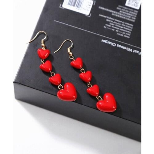 Korean Style Lovely Heart Pendant Long Earrings Red Peach Heart Drop Earrings For Women Girls Best Gift