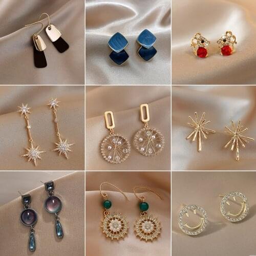 Fashion Geometric Crystal Gold Color Earrings Womens New Stud Web Celebrity Personality Long Tassel Drop Hook Earrings