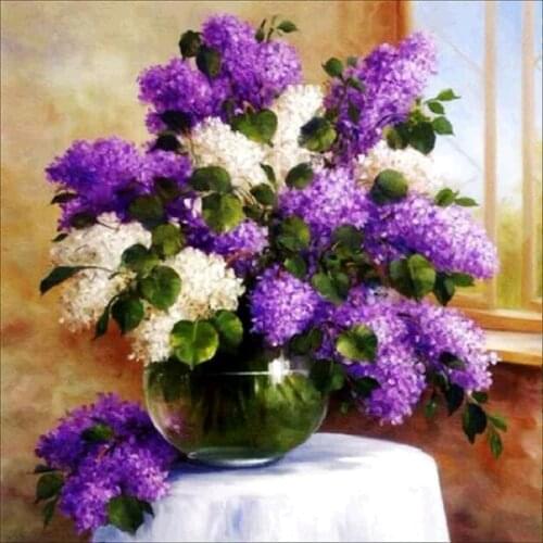 Mosaic pattern beaded embroidery purple and white lilac flower vase full 5d drill diamond painting decoration rhinestone picture