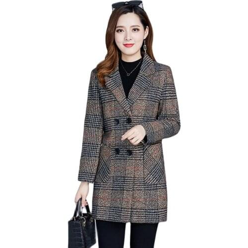 Autumn Winter 2021 Blended Wool Coat Women Plaid Jacket Middle-aged Woolen Windbreaker Coats Jackets Ladies Woolen Outerwear