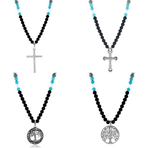 Life Tree Cross Pendant Necklace Stainless Steel Lucky Christian Jewelry For Mens Womens 10MM Glass Beaded Necklace