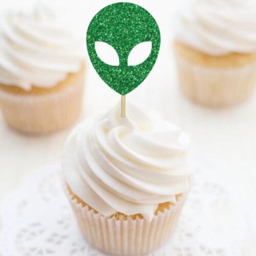 Personalised Alien glitter Cupcake Toppers,Custom Alien Theme Birthday Decor,Alien Party Supplies,Space Party Decor food picks