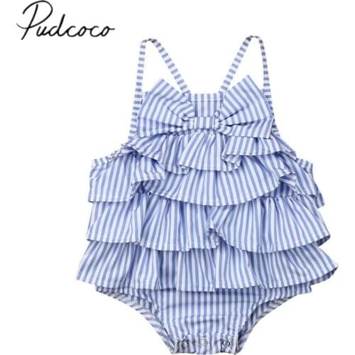 Pudcoco Newbron Kids Baby Girls Ruffle Stripe Bow Bodysuit Summer Sleeveless Blackless Playsuit One Piece Cotton Outfit 0-18M