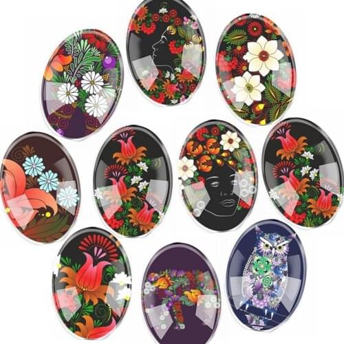 Handmade Glass Mixed Size Flower Owl Embroidery Oval Flatback Cameo Cabochon Domed DIY Jewelry Charm Photo Pendant Setting