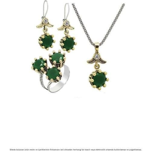 Silver Stem Emerald Cubic Zirconia Triple Set Jewelry