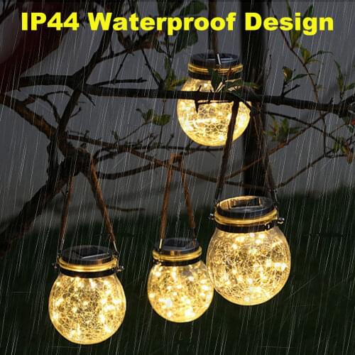 Solar Lights Hanging Outdoor Solar Lanterns Decorative Hanging 20 LED Waterproof Cracked Glass Jar Garden Lights for Yard