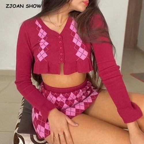 Vintage 90s Wood ears Argyle Plaid Knitting Cardigan Women Crop Sweater Elastic Waist Package Hips Mini Skirt 2 Pieces Set Y2K