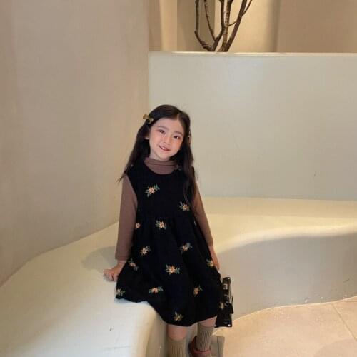 Girls Corduroy Embroidered Floral Vest Dresses 2021 Autumn Children Suspender Fashion Sleeveless A Line Cotton Princess Dress