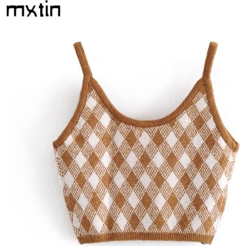 Vintage Sweet Plaid Cropped Knitted Blouses Women 2020 Fashion Backless Thin Straps Female Camis Chic Tops
