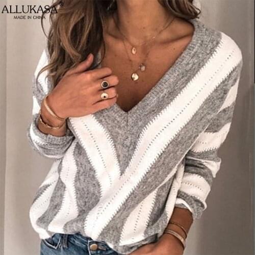 Vintage V Neck Long Sleeve Striped Long Sleeve Sweater Jumper Tops Womens Autumn Winter Oversized Casual Pullovers Knitwear
