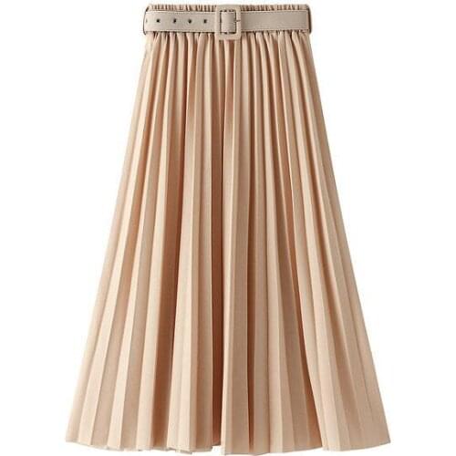 Spring Autumn Korean Elastic Waist Mid Skirts Women With Belt Long Thin Pleated Skirt Femme A-line Skirt Women