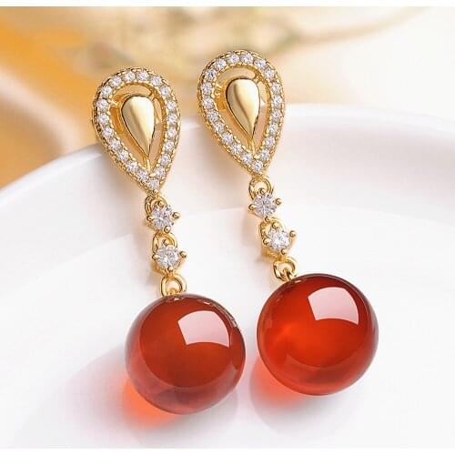 Vintage fashion ruby gemstones red jade agate gemstones drop earrings for women 14k gold color zircon diamonds brincos jewelry