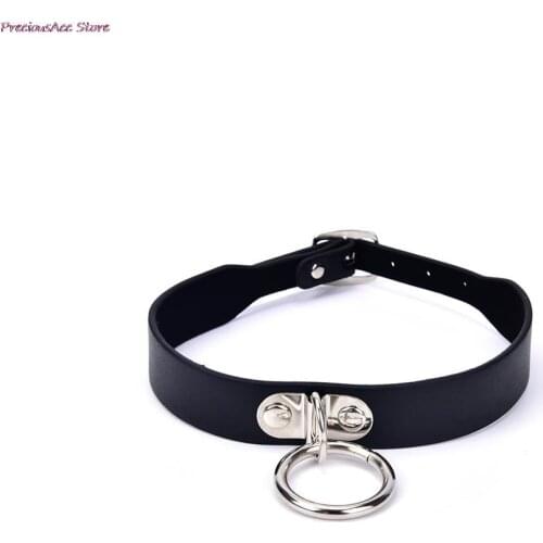 Women Men PU Leather Choker Fetish O Round Metal Black Leather Collar Bondage BDSM Harness Necklace