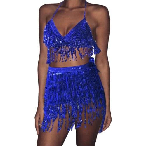 Women 2 Piece Set Sequin Belly Costume Tassel Wrap Mini Skirt Club +vest Set Fashion Sexy Backless Set Ropa Mujer #G3