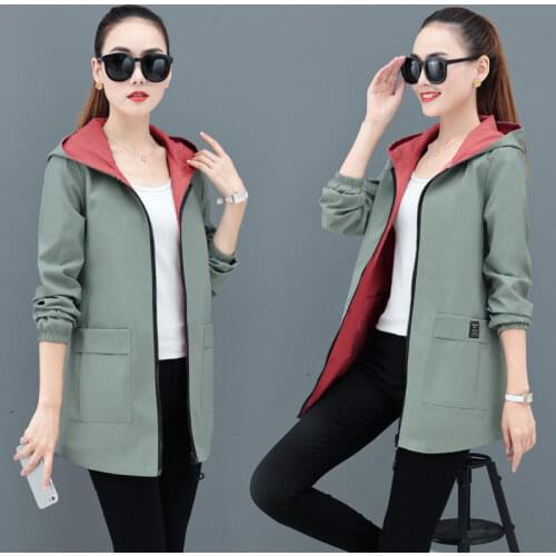 Spring/Autumn Womens Trench Medium Length Coat 2020 Full Color Korean Style Loose Oversize Hooded Zipper Both Sides Can Wear