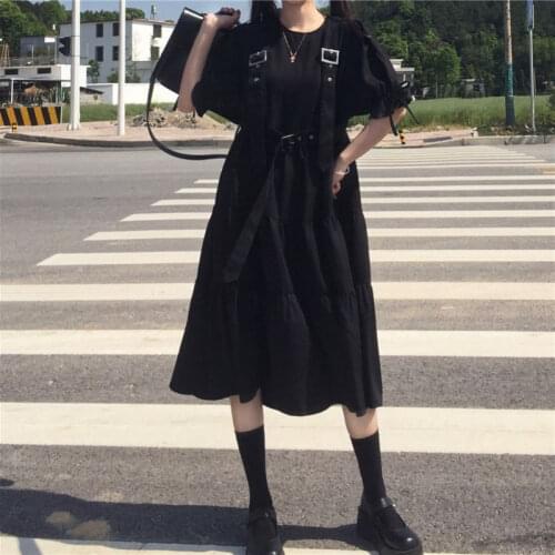Gothic Style Black Midi Dress Women Harajuku Goth Lolita Kawaii Dress Punk Cute Ruffles Short Sleeve 2021 Emo Mall Goth Bandage